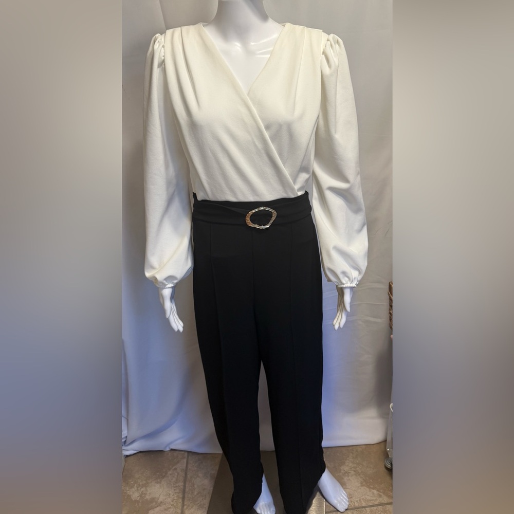 Two-Tone Wide Leg Jumpsuit with Gold Buckle